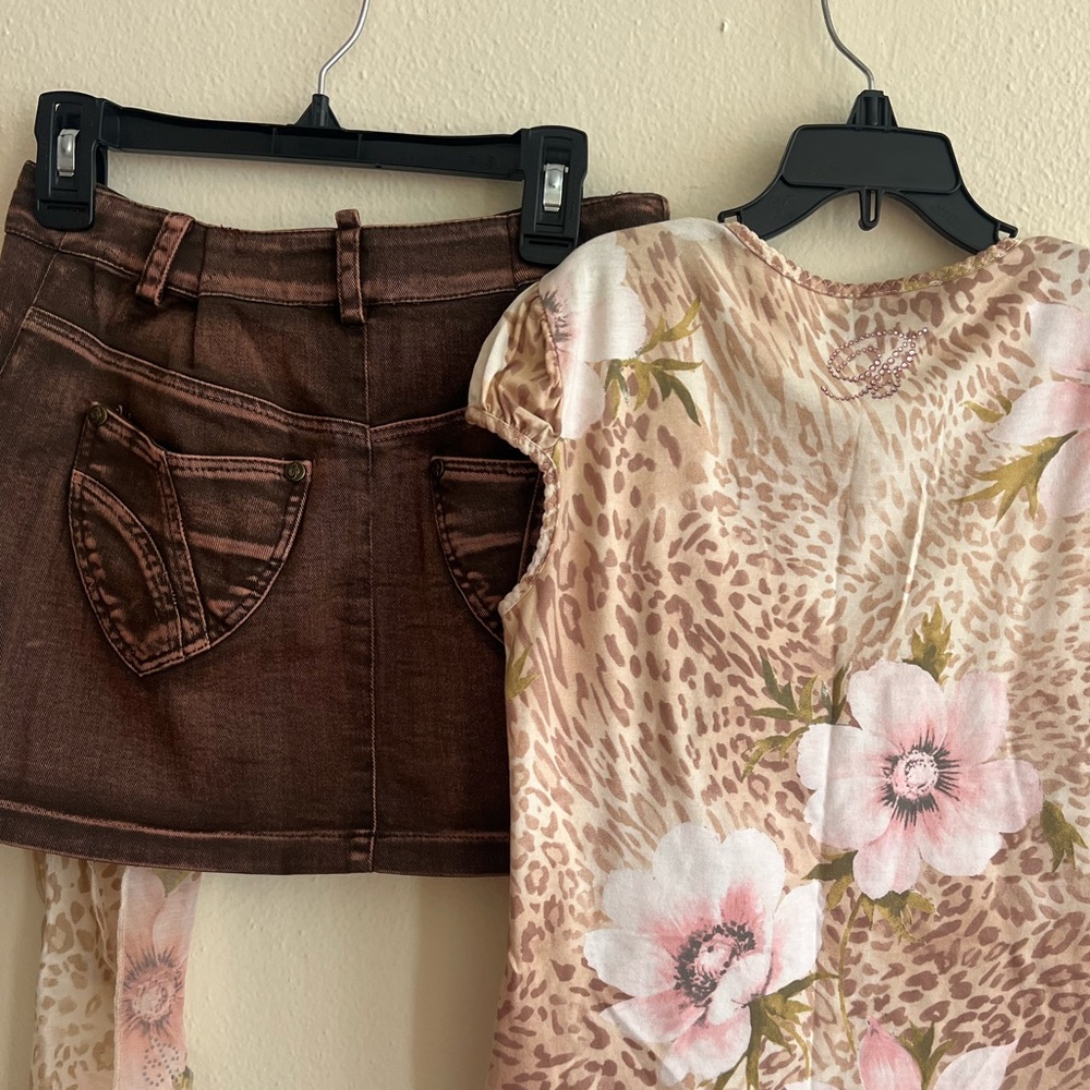 Miss Blumarine Pink Floral Top Brown Skirt jeans 3 Pc Set belt Italy size 10-12 - Picture 2 of 12